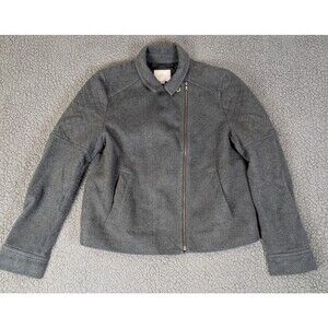 Ann Taylor Loft Womens Fleece Moto Jacket L Gray Biker Heavy Buckle Zips